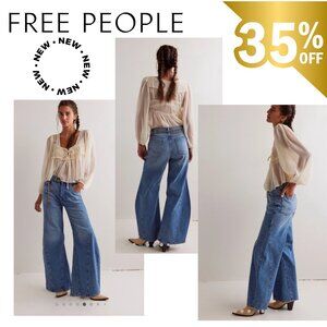NWT Free People Hippie Boho Wide Leg Eden High Waist Slouchy Denim Blue Jeans